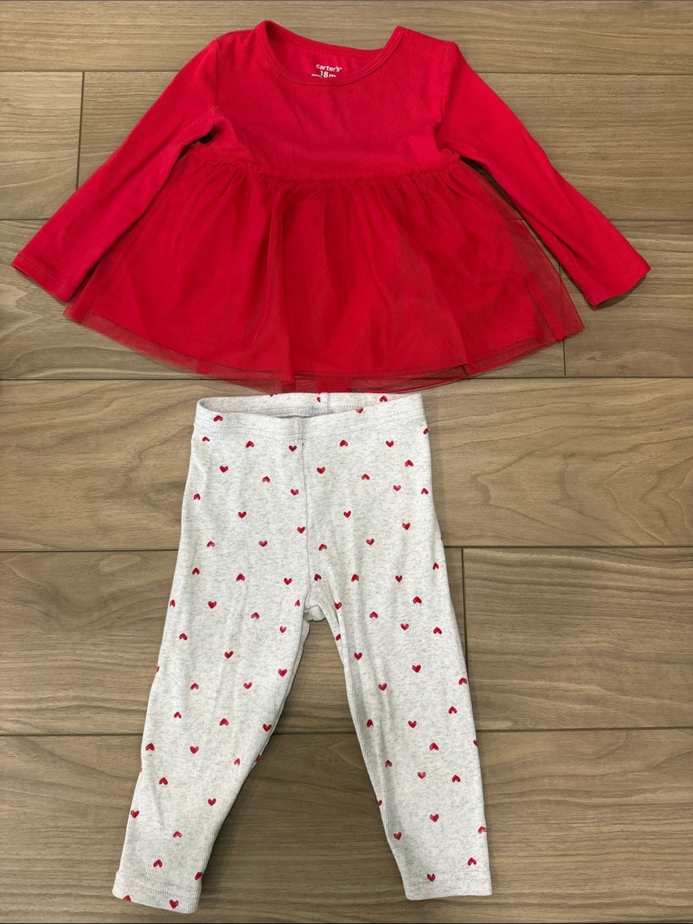 Carter's Red Tulle Peplum Top with Gray Heart Print Leggings